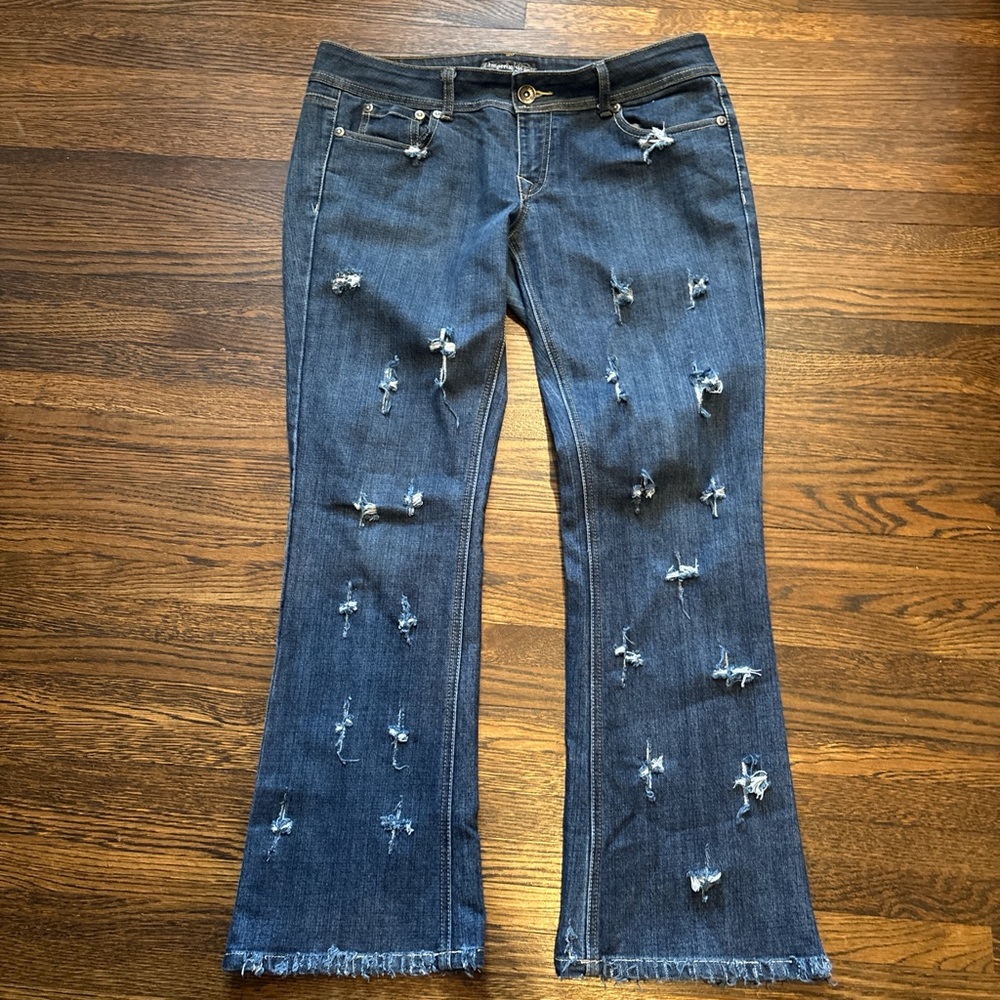 Imperial Star Distressed Flare Jeans in Dark Blue
